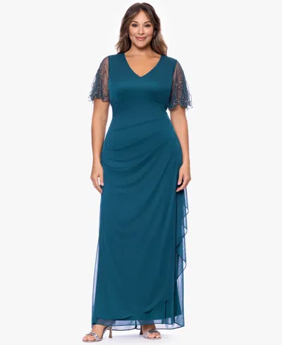 Xscape Plus Size Lace-sleeve Dress In Blue