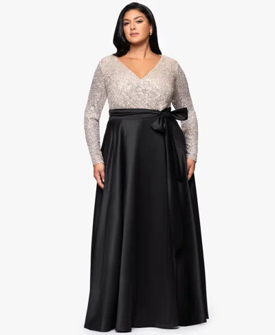 Xscape Plus Size Long Sleeve Sequin Ballgown Skirt Dress In Black
