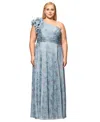 Xscape Plus Size Micro-pleat One-shoulder Gown In Aqua,platinum