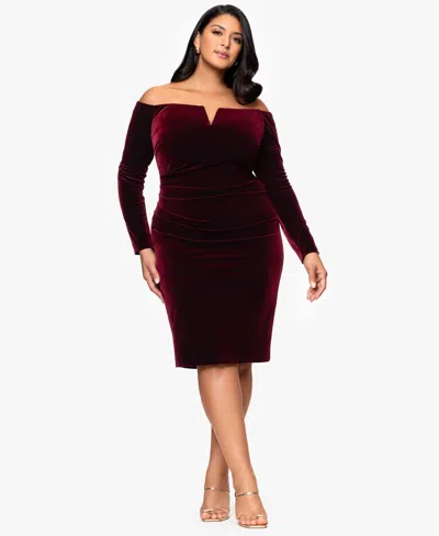 Xscape Plus Size Off-shoulder Short Dress In Burgundy