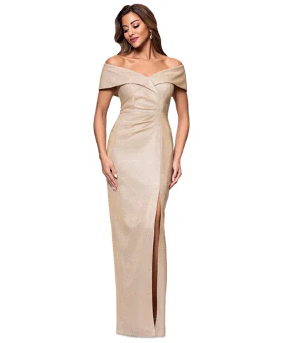 Xscape Plus Size Off-shoulder-sweetheart-neck Gown In Gold,silver