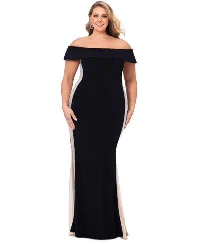 Xscape Plus Size Off-the-shoulder Beaded Mesh Panel Dress In Black,nude,silver