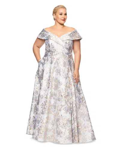 Xscape Plus Size Off-the-shoulder Brocade Ball Gown In Blue,gold