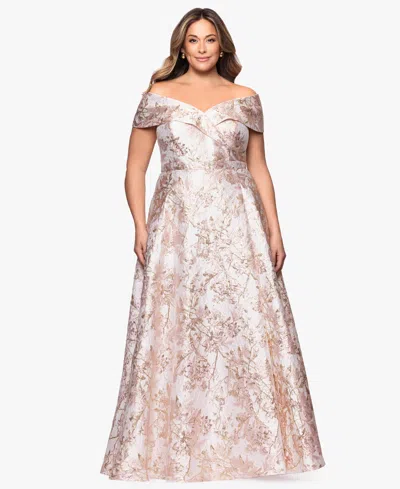 Xscape Plus Size Off-the-shoulder Brocade Ball Gown In Gold