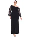 Xscape Plus Size Off-the-shoulder Floral-sleeve Gown In Black