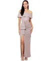 Xscape Plus Size Off-the-shoulder Glitter Gown In Blush,silver
