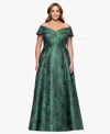 Xscape Plus Size Off-the-shoulder Metallic Jacquard Ball Gown In Green