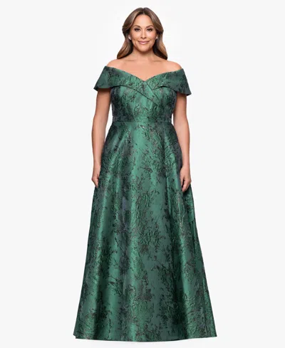 Xscape Plus Size Off-the-shoulder Metallic Jacquard Ball Gown In Green