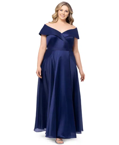 Xscape Plus Size Off-the-shoulder Organza Gown In Navy