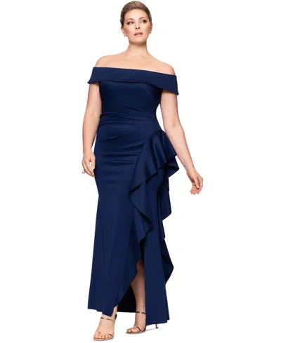 Xscape Plus Size Off-the-shoulder Ruffle-trim Scuba Gown In Midnight