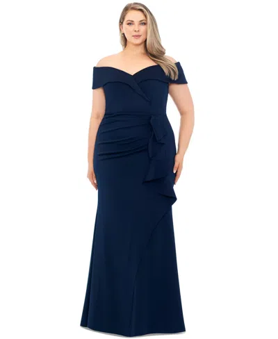 XSCAPE PLUS SIZE OFF-THE-SHOULDER SCUBA CREPE GOWN