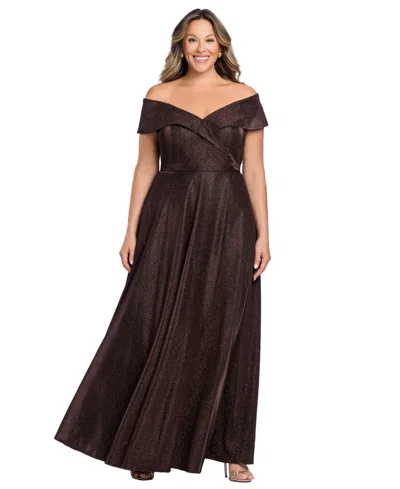 Xscape Plus Size Off-the-shoulder Glitter Gown In Brown