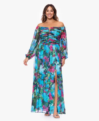 Xscape Plus Size Off-the-shoulder Long-sleeve Printed Gown In Blue