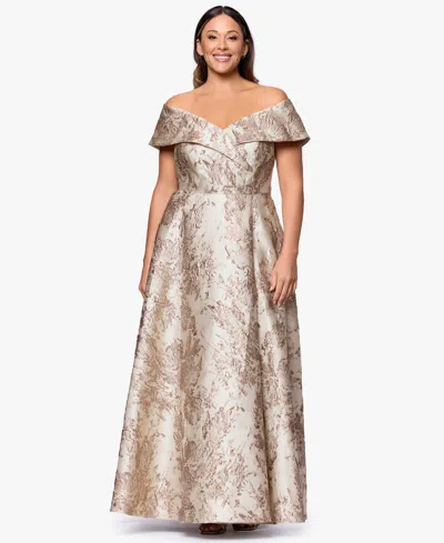 Xscape Plus Size Off-the-shoulder Metallic Jacquard Ball Gown In Brown