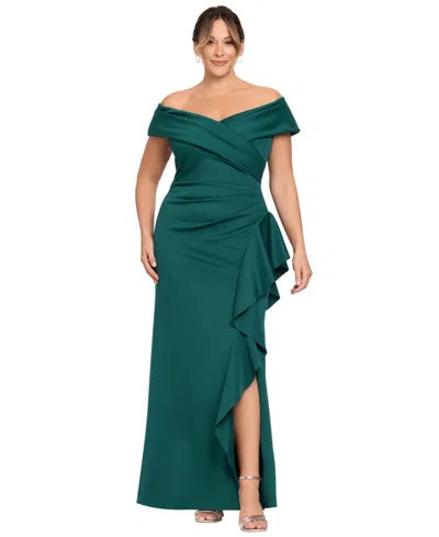 Xscape Plus Size Off-the-shoulder Ruffle Sheath Gown In Hunter