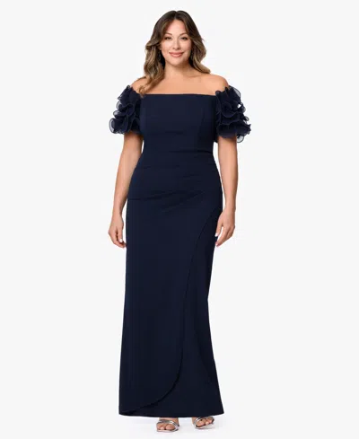 Xscape Plus Size Off-the-shoulder Short-sleeve Gown In Blue
