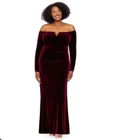 Xscape Plus Size Off-the-shoulder Velvet Long-sleeve Gown In Burgundy