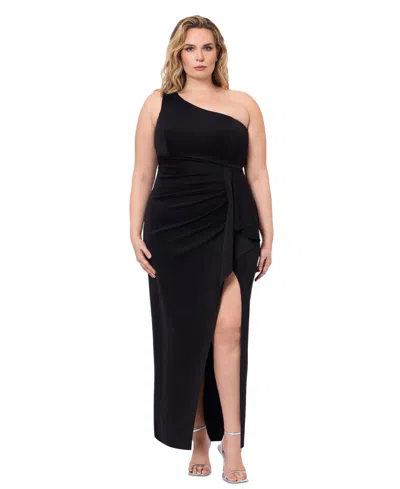Xscape Plus Size One-shoulder Long Ruffle Dress In Black