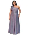 Xscape Plus Size One-shoulder Metallic Gown In Black,silver,fuchsia