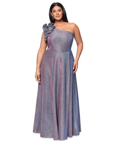 Xscape Plus Size One-shoulder Metallic Gown In Black,silver,fuchsia