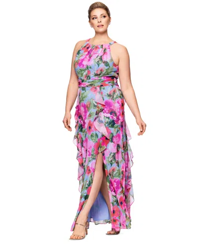 Xscape Plus Size Printed A-line Ruffle-skirt Dress In Pink,periwinkle