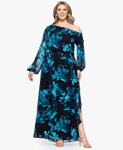 Xscape Plus Size Printed Asymmetrical-neckline Long Dress