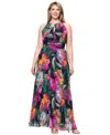 Xscape Plus Size Printed Halter-neck Pleated Sleeveless Gown
