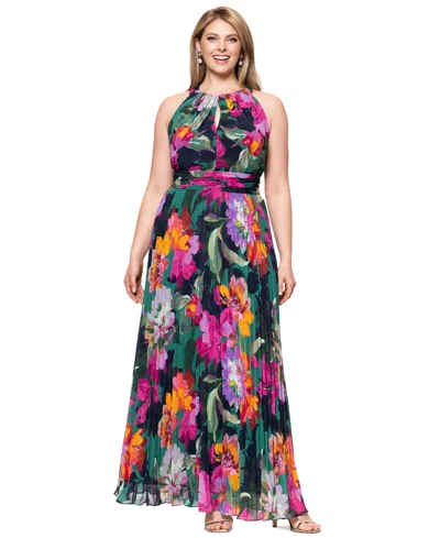Xscape Plus Size Printed Halter-neck Pleated Sleeveless Gown