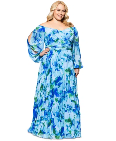 Xscape Plus Size Printed Off-the-shoulder Pleated Dress In Turquoise,navy