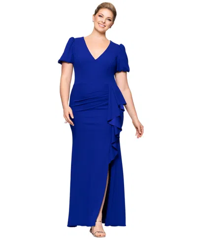 Xscape Plus Size Puff-sleeve Ruffled Gown In Marine