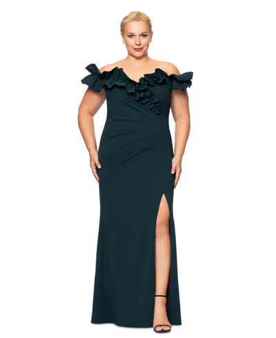 Xscape Plus Size Ruffled Off-the-shoulder Gown In Pine