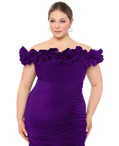 Xscape Plus Size Ruffled Off-the-shoulder Long Sheath Dress In Grape