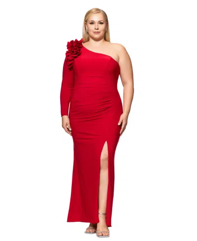Xscape Plus Size Ruffled One-shoulder Jersey Gown In Red