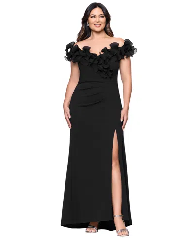 Xscape Plus Size Ruffled Side-slit Evening Gown In Black