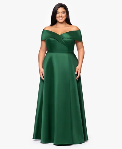 Xscape Plus Size Satin Off-the-shoulder Gown In Green
