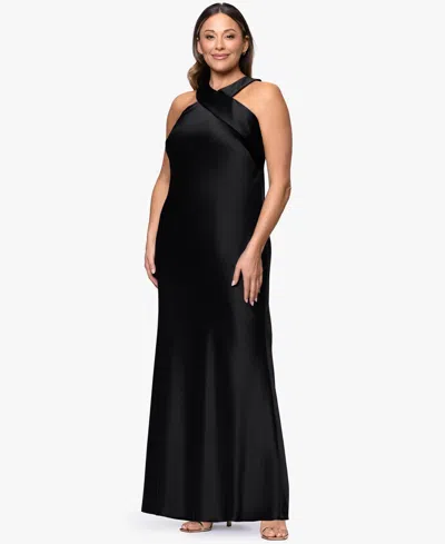 Xscape Plus Size Satin Tie Neck Ball Gown In Black