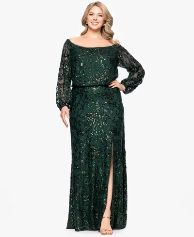 Xscape Plus Size Sequin Off-the-shoulder Side-slit Gown In Green
