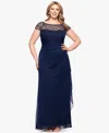 Xscape Plus Size Sheer Boat-neckline Long Sheath Dress In Blue