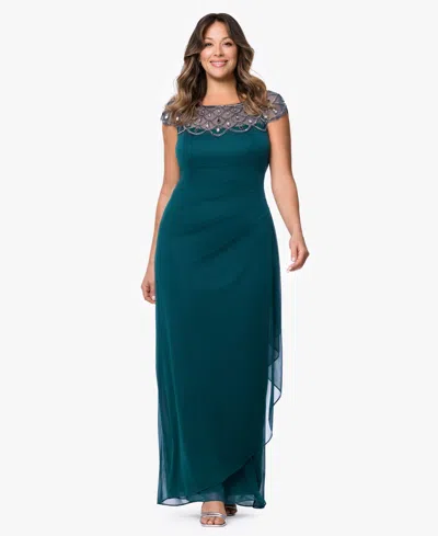 Xscape Plus Size Sheer Boat-neckline Long Sheath Dress In Green