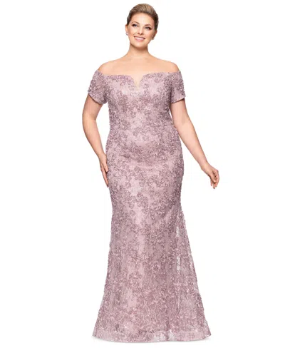 Xscape Plus Size Short-sleeve Lace Off-the-shoulder Gown In Gold,pink