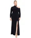 XSCAPE PLUS SIZE SHOULDER-CUTOUT HIGH-SLIT EVENING GOWN