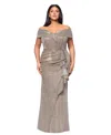 Xscape Plus Size Sweetheart-neck Off-the-shoulder Metallic Gown In Sand