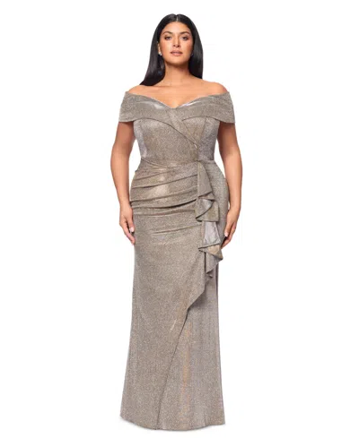Xscape Plus Size Sweetheart-neck Off-the-shoulder Metallic Gown In Sand