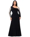 Xscape Plus Size Two-tone One-shoulder Asymmetric Gown In Black,nude,silver