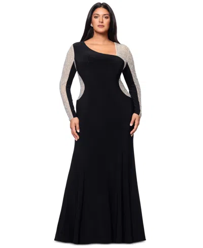 Xscape Plus Size Two-tone One-shoulder Asymmetric Gown In Black,nude,silver