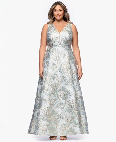 Xscape Plus Size V-neck Glitter Brocade Long Ball Gown In Gray