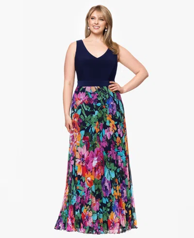 Xscape Plus Size V-neck Sleeveless Printed-skirt Gown