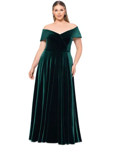 Xscape Plus Size Velvet Off-the-shoulder Fit & Flare Gown In Hunter