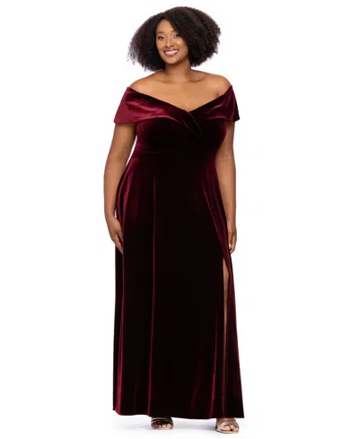 Xscape Plus Size Velvet Off-the-shoulder A-line Gown In Burgundy