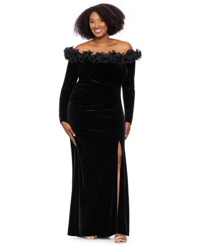Xscape Plus Size Velvet Off-the-shoulder Long-sleeve Dress In Black